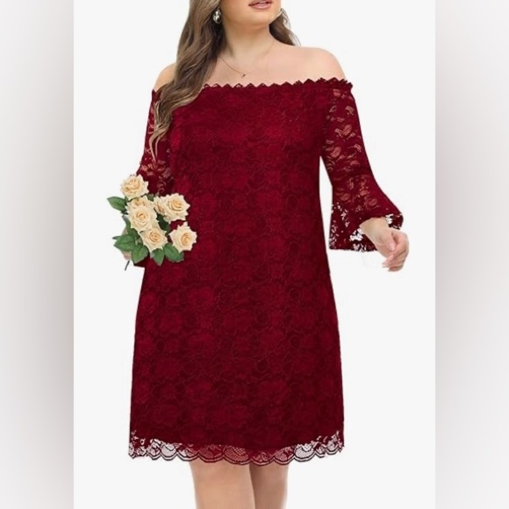 NWT - Off The Shoulder Burgundy Lace Cocktail Dress with Bell Sleeve
